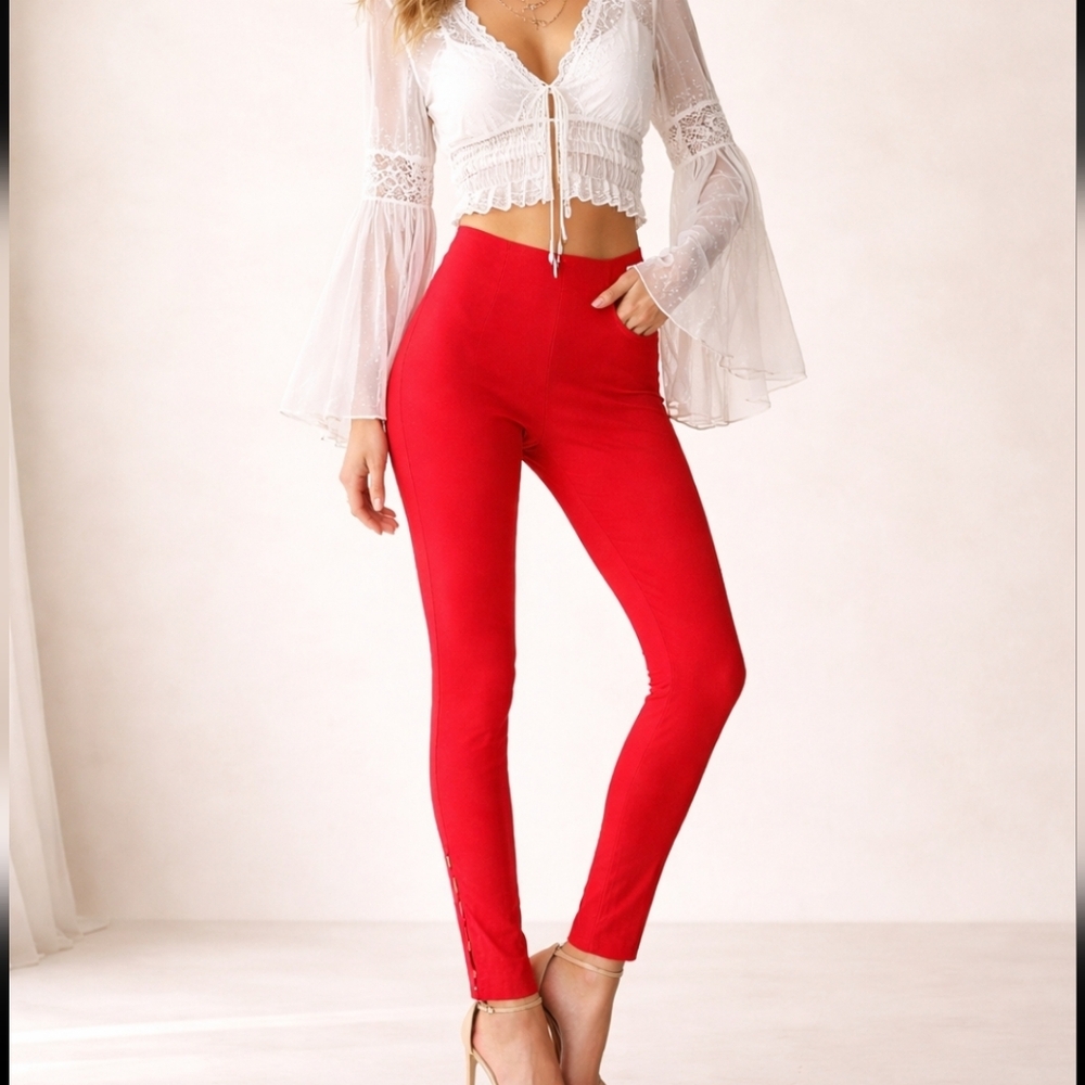 LPA Donni Pants Linen Blend Red Skinny Ankle Buttons Revolve NWOT $198 Sz M